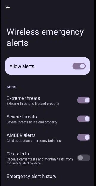Wireless emergency alerts settings on Android 12